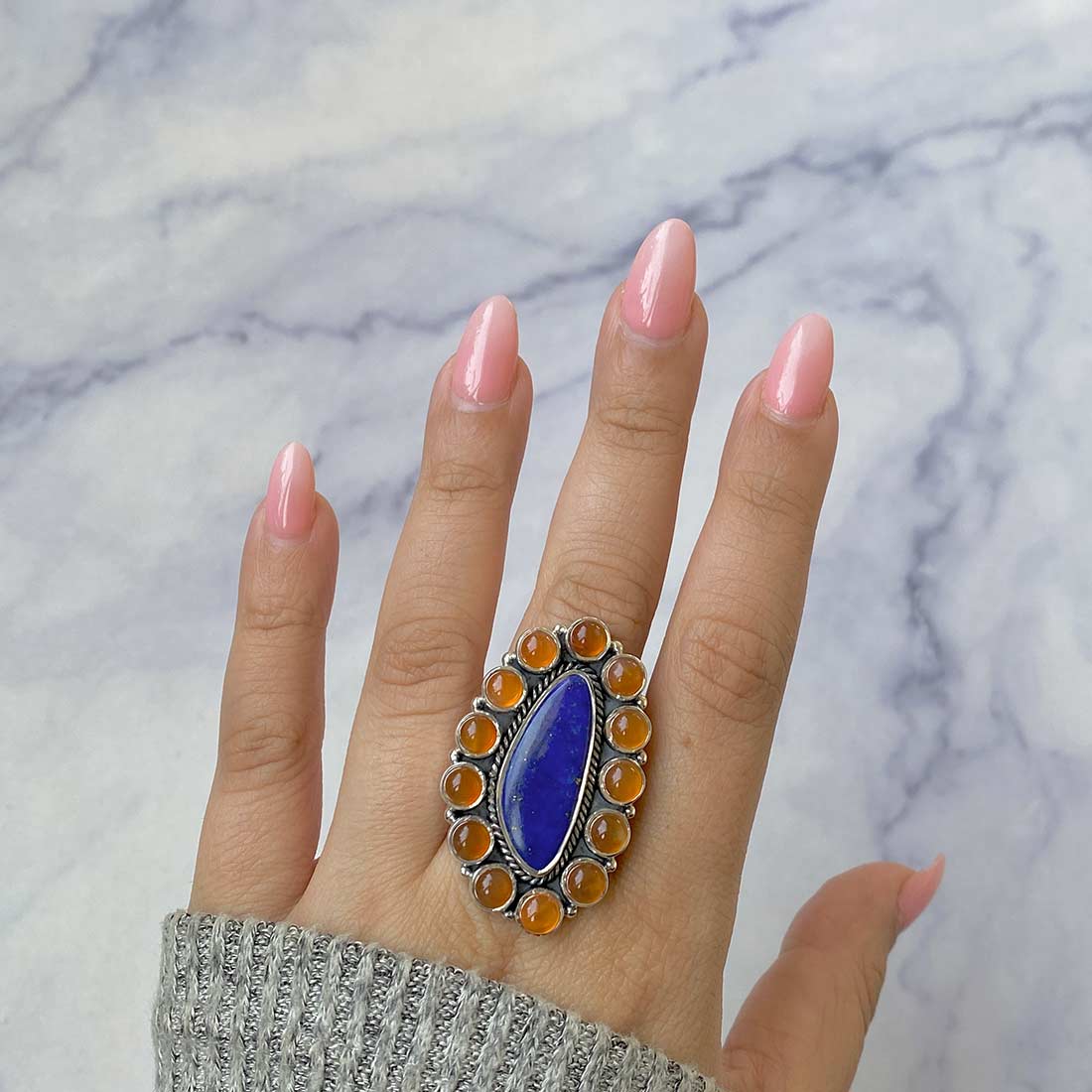 Lapis And Carnelian Flower Statement Adjustable Ring-(LLP-FLR-14.)